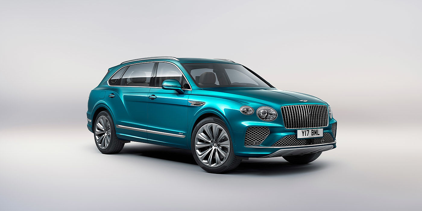 Bentley Beijing - Wukesong Bentley Bentayga EWB Azure front three-quarter view, featuring a fluted chrome grille with a matrix lower grille and chrome accents in Topaz blue paint.