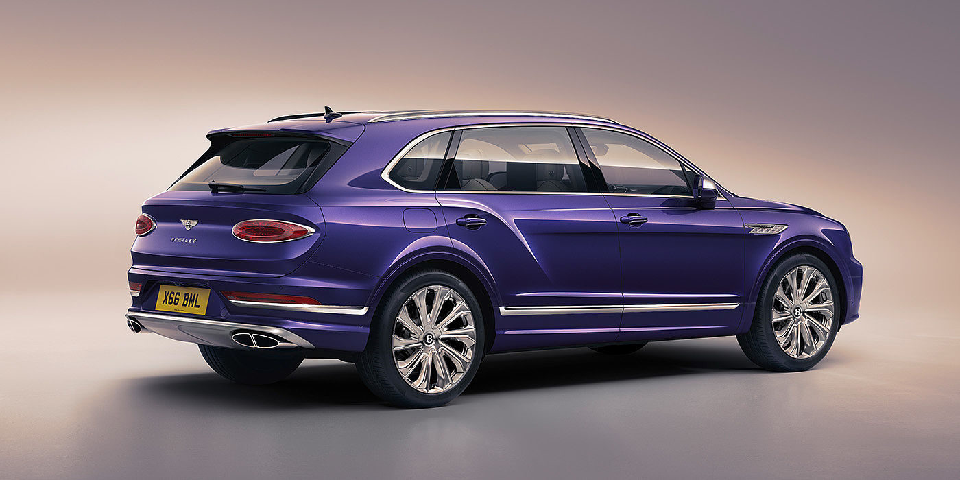 Bentayga Extended Wheel Base Mulliner purple rear three-quarter with chrome exterior highlights
