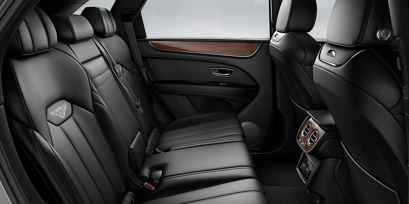 Bentley Beijing - Wukesong Bentey Bentayga interior view for rear passengers with Beluga black hide.